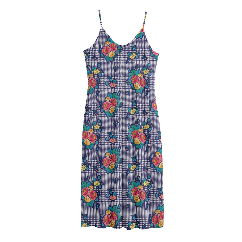 Blue And White Floral Glen Plaid Print Jersey Midi Cami Dress