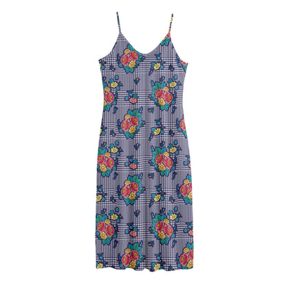 Blue And White Floral Glen Plaid Print Jersey Midi Cami Dress