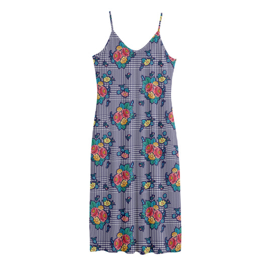 Blue And White Floral Glen Plaid Print Jersey Midi Cami Dress