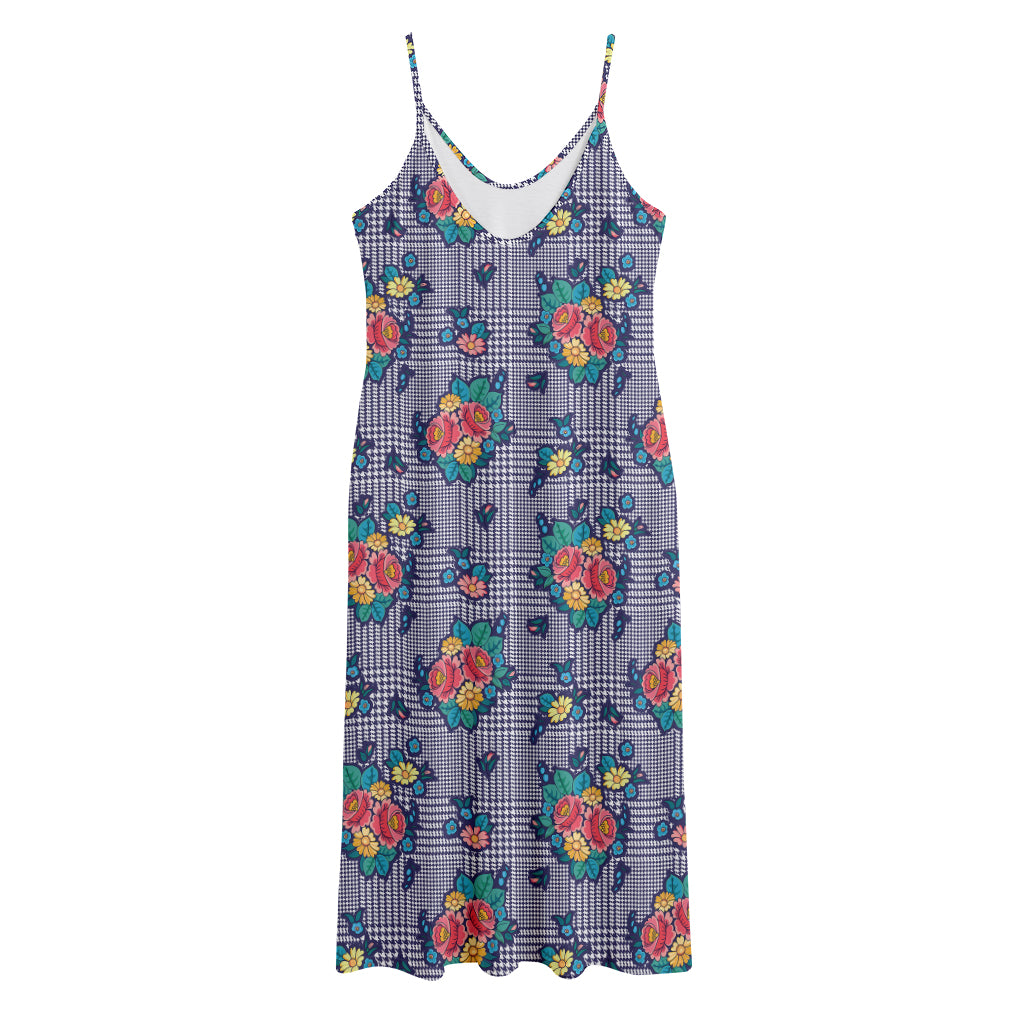 Blue And White Floral Glen Plaid Print Jersey Midi Cami Dress