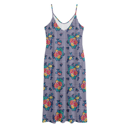 Blue And White Floral Glen Plaid Print Jersey Midi Cami Dress