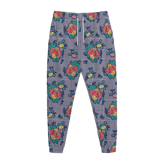Blue And White Floral Glen Plaid Print Jogger Pants