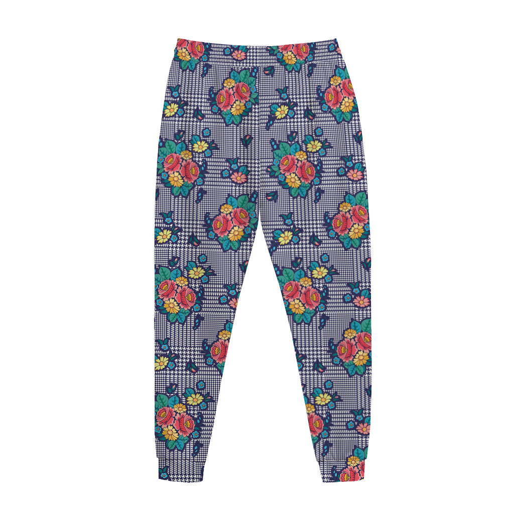 Blue And White Floral Glen Plaid Print Jogger Pants