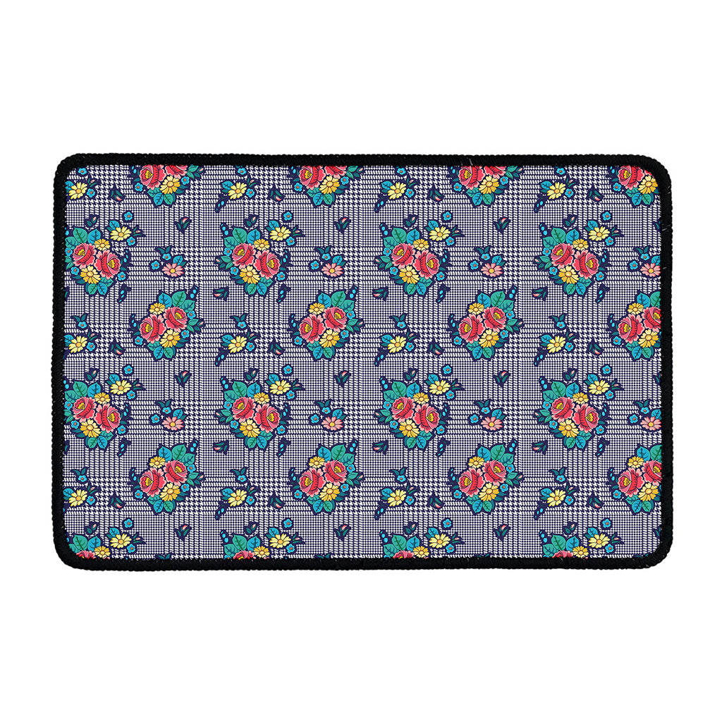 Blue And White Floral Glen Plaid Print Kitchen Mat