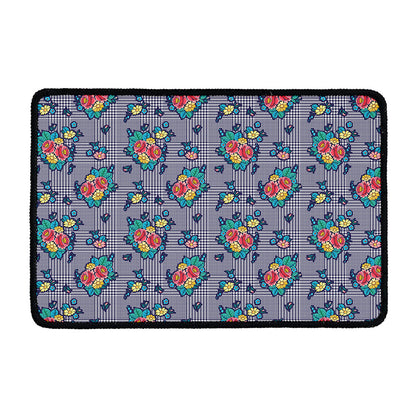 Blue And White Floral Glen Plaid Print Kitchen Mat