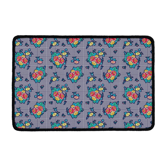 Blue And White Floral Glen Plaid Print Kitchen Mat