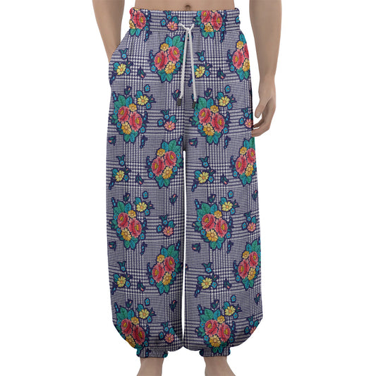 Blue And White Floral Glen Plaid Print Lantern Pants