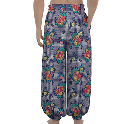 Blue And White Floral Glen Plaid Print Lantern Pants