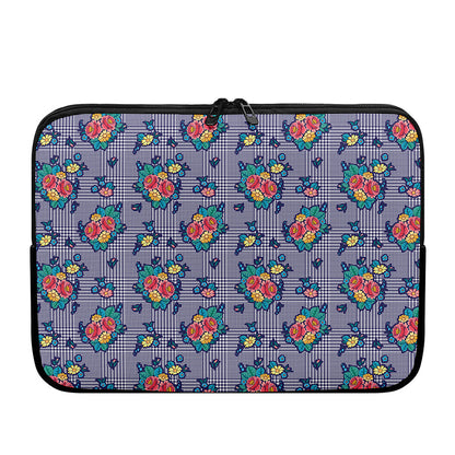 Blue And White Floral Glen Plaid Print Laptop Sleeve