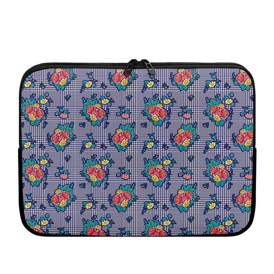 Blue And White Floral Glen Plaid Print Laptop Sleeve