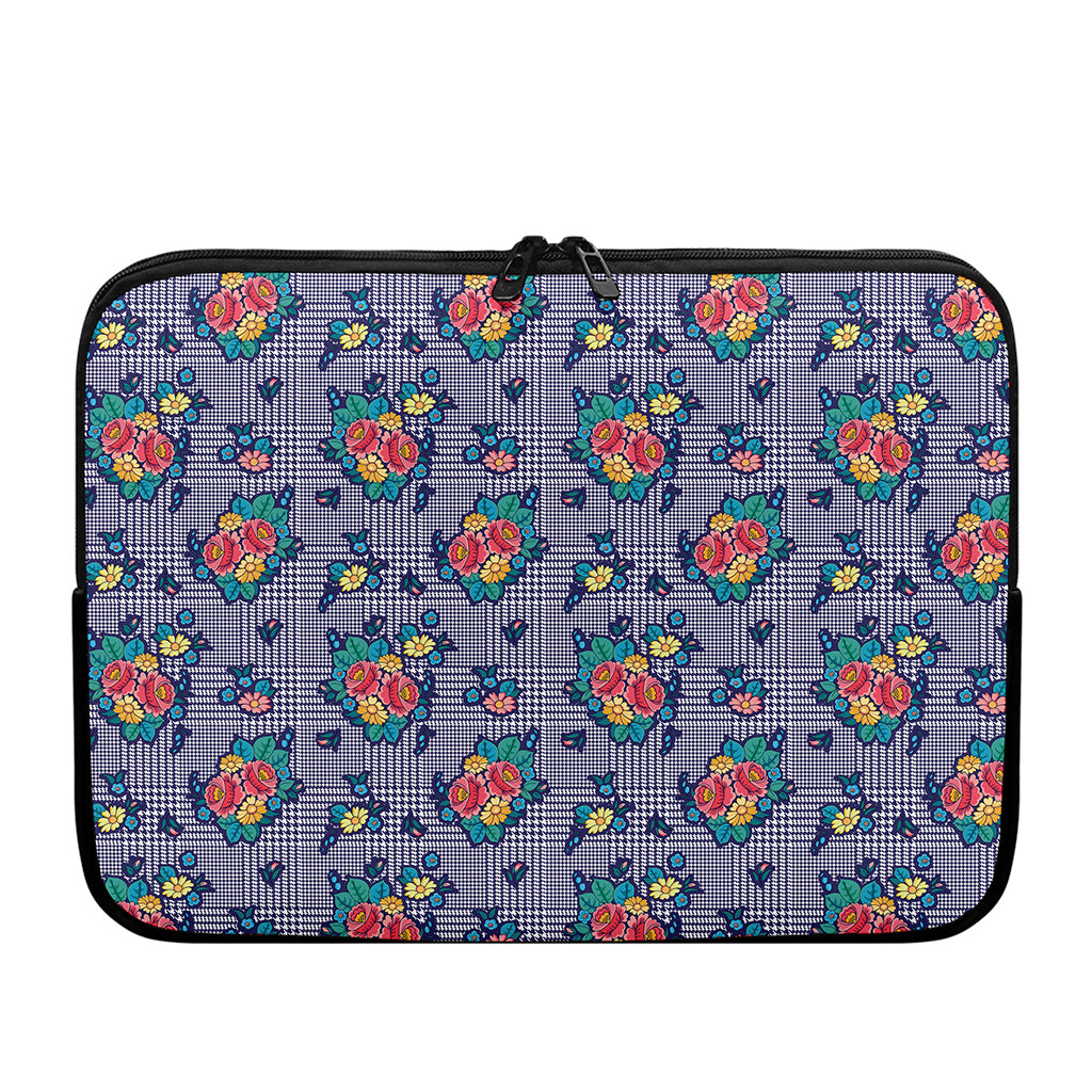 Blue And White Floral Glen Plaid Print Laptop Sleeve