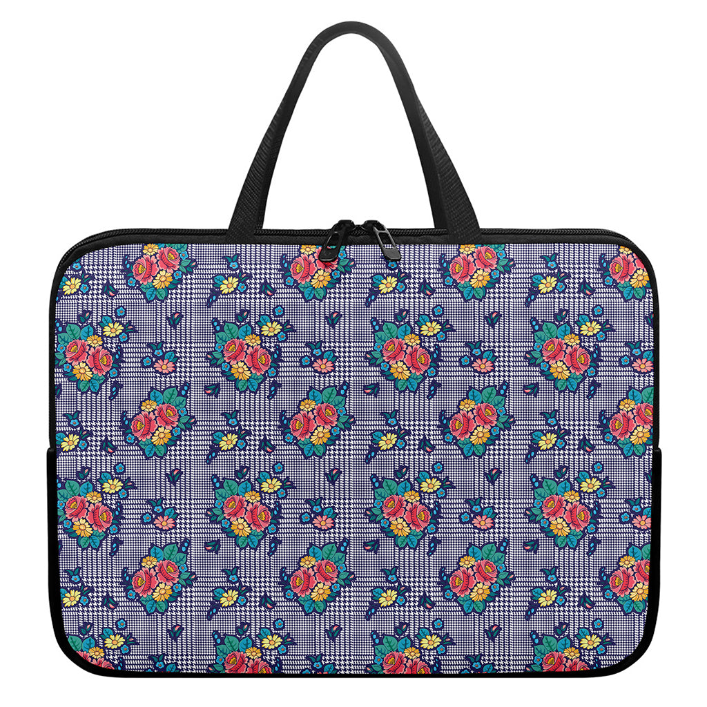 Blue And White Floral Glen Plaid Print Laptop Sleeve With Handle