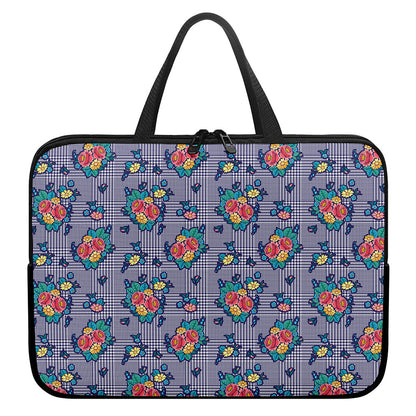Blue And White Floral Glen Plaid Print Laptop Sleeve With Handle
