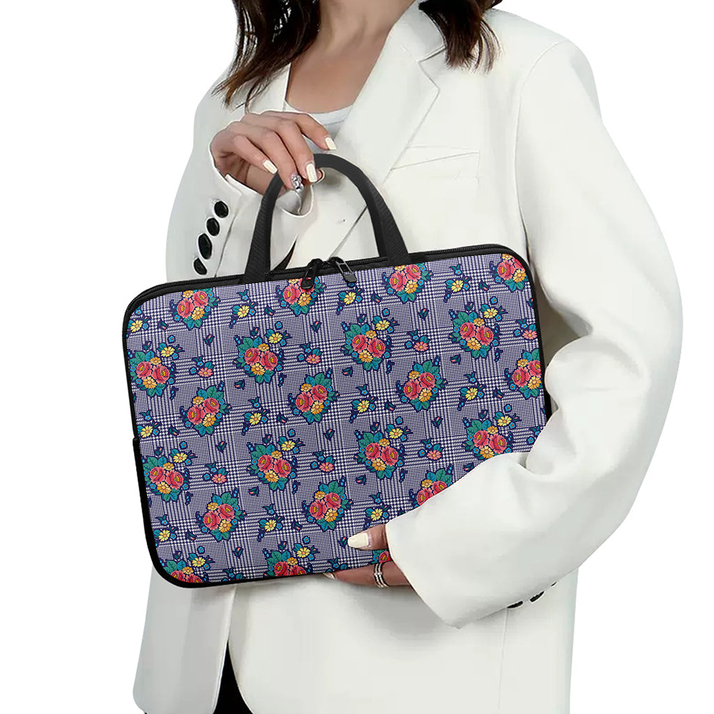 Blue And White Floral Glen Plaid Print Laptop Sleeve With Handle