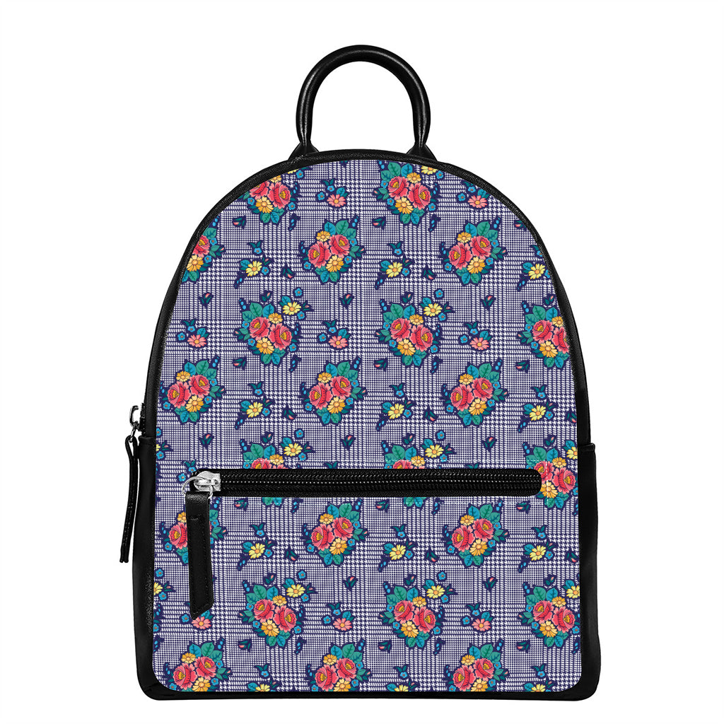 Blue And White Floral Glen Plaid Print Leather Backpack