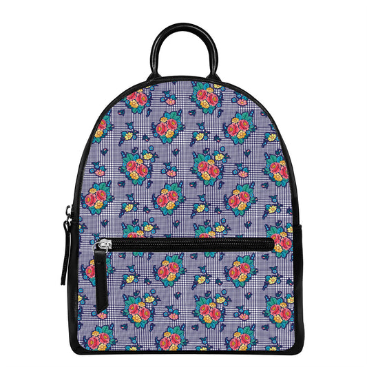 Blue And White Floral Glen Plaid Print Leather Backpack