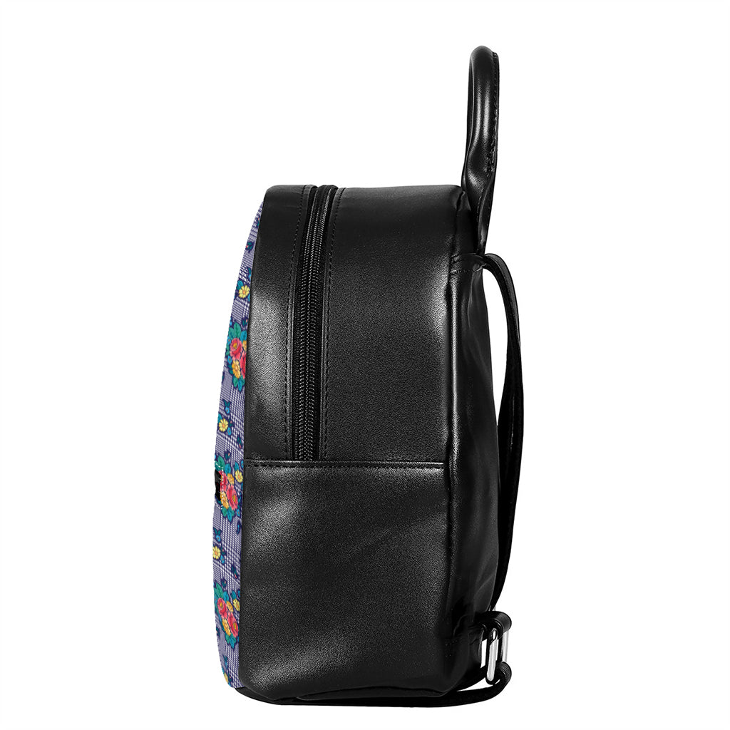 Blue And White Floral Glen Plaid Print Leather Backpack