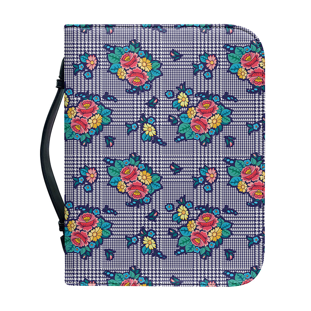 Blue And White Floral Glen Plaid Print Leather Bible Cover