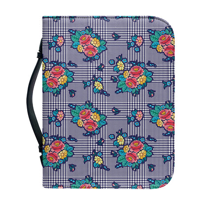 Blue And White Floral Glen Plaid Print Leather Bible Cover