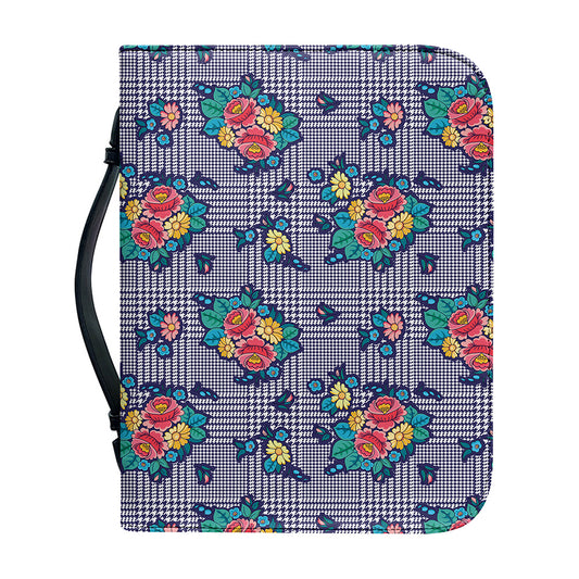 Blue And White Floral Glen Plaid Print Leather Bible Cover