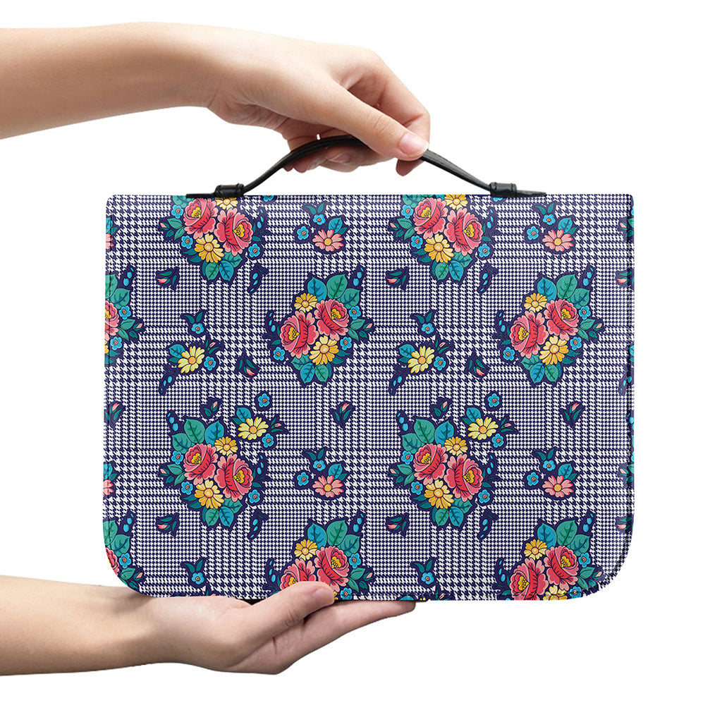 Blue And White Floral Glen Plaid Print Leather Bible Cover