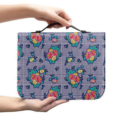 Blue And White Floral Glen Plaid Print Leather Bible Cover
