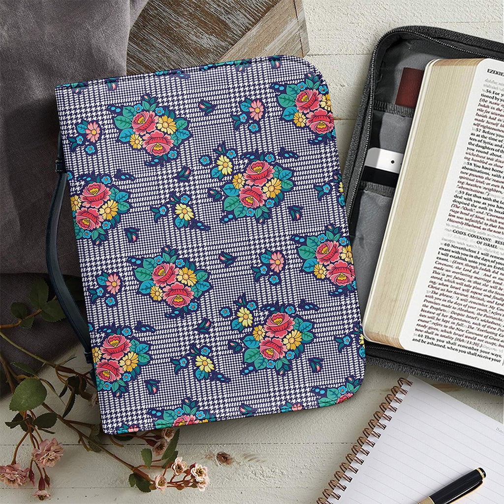 Blue And White Floral Glen Plaid Print Leather Bible Cover