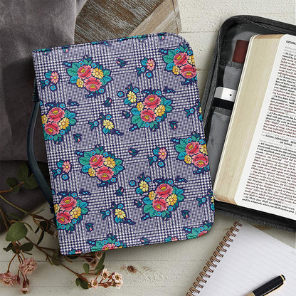 Blue And White Floral Glen Plaid Print Leather Bible Cover