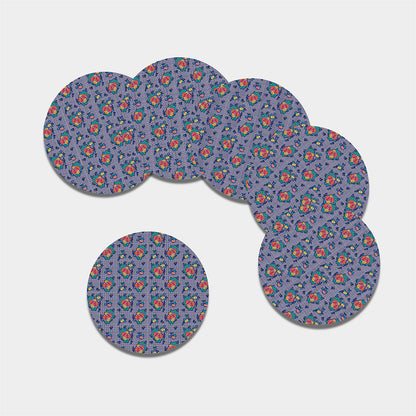 Blue And White Floral Glen Plaid Print Leather Coaster Set