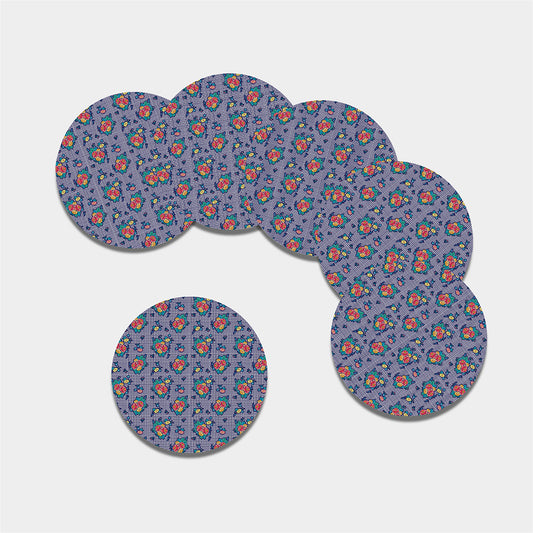Blue And White Floral Glen Plaid Print Leather Coaster Set