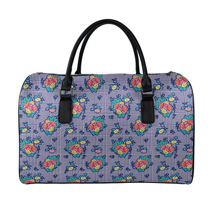 Blue And White Floral Glen Plaid Print Leather Duffle Bag
