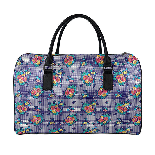 Blue And White Floral Glen Plaid Print Leather Duffle Bag