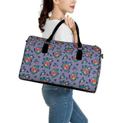 Blue And White Floral Glen Plaid Print Leather Duffle Bag
