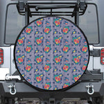 Blue And White Floral Glen Plaid Print Leather Spare Tire Cover