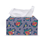 Blue And White Floral Glen Plaid Print Leather Tissue Box Cover