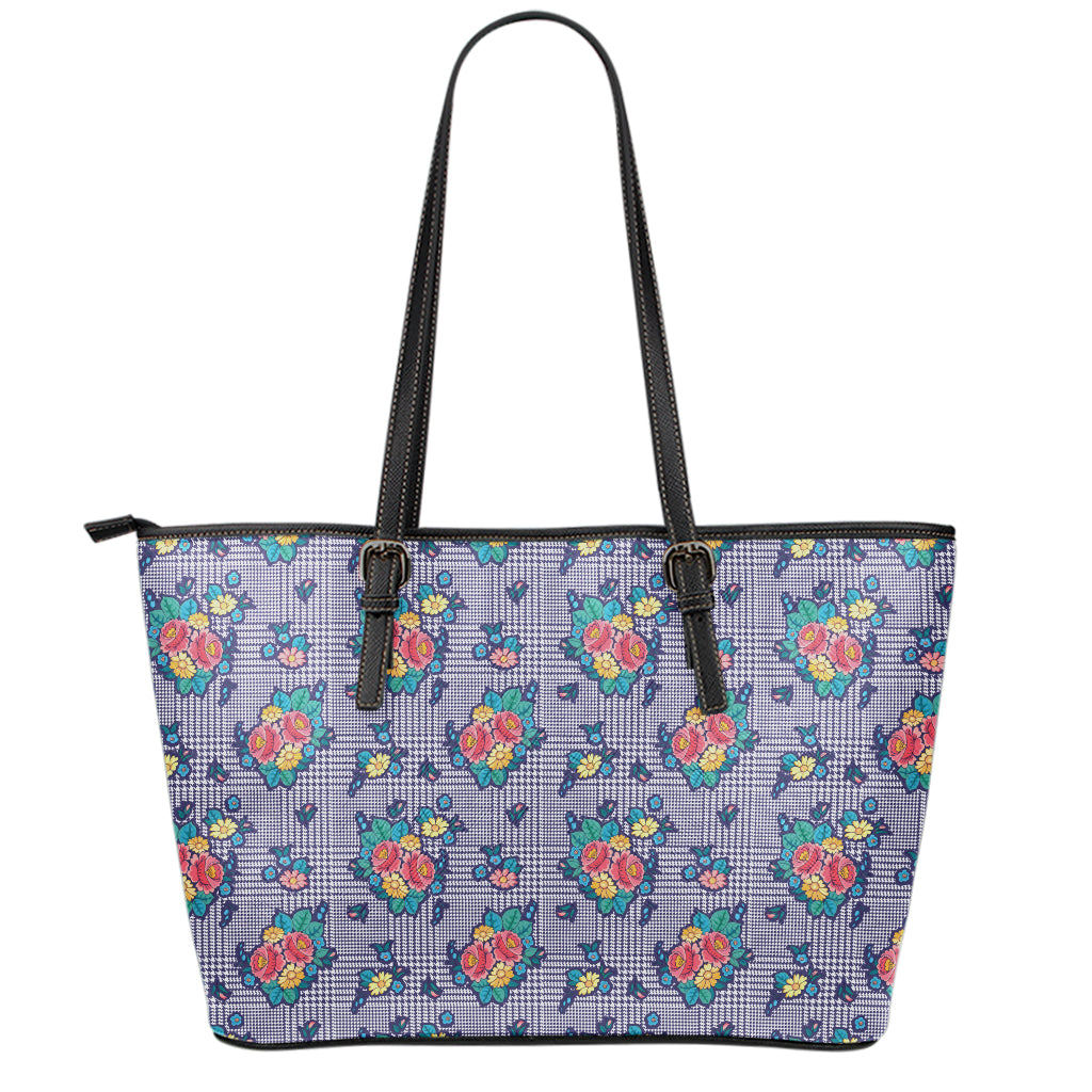 Blue And White Floral Glen Plaid Print Leather Tote Bag
