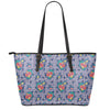 Blue And White Floral Glen Plaid Print Leather Tote Bag