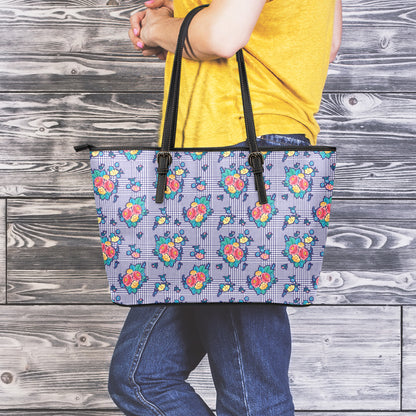 Blue And White Floral Glen Plaid Print Leather Tote Bag