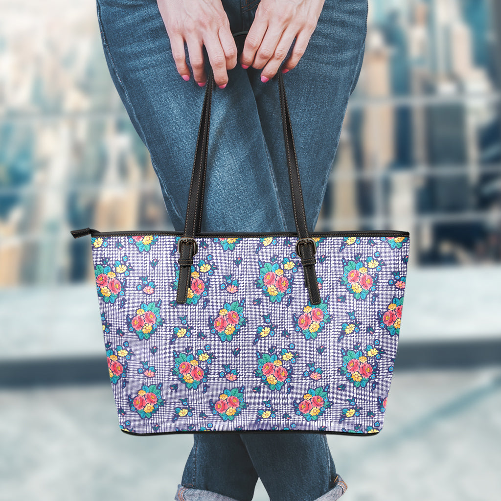 Blue And White Floral Glen Plaid Print Leather Tote Bag