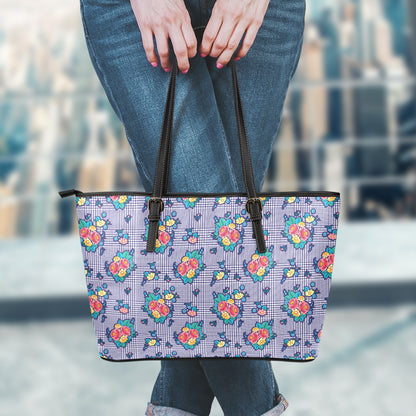 Blue And White Floral Glen Plaid Print Leather Tote Bag