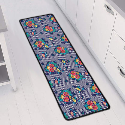 Blue And White Floral Glen Plaid Print Long Kitchen Mat