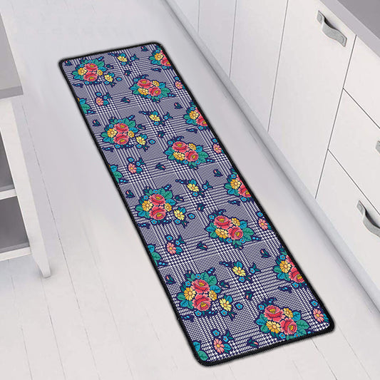 Blue And White Floral Glen Plaid Print Long Kitchen Mat