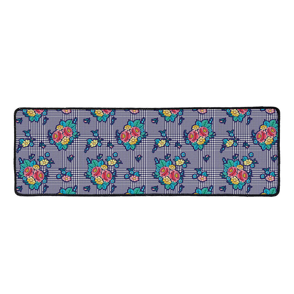Blue And White Floral Glen Plaid Print Long Kitchen Mat