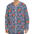 Blue And White Floral Glen Plaid Print Long Sleeve Baseball Jersey