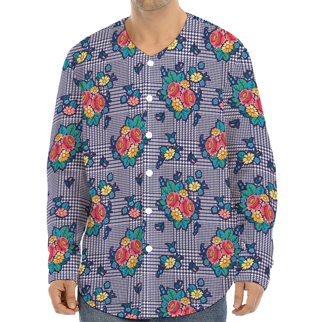 Blue And White Floral Glen Plaid Print Long Sleeve Baseball Jersey