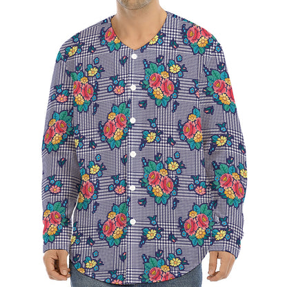 Blue And White Floral Glen Plaid Print Long Sleeve Baseball Jersey
