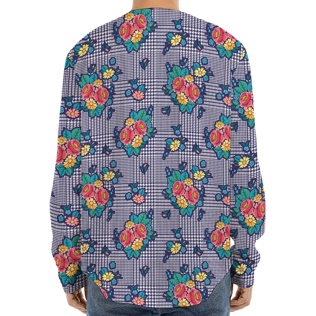 Blue And White Floral Glen Plaid Print Long Sleeve Baseball Jersey