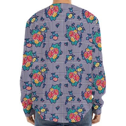 Blue And White Floral Glen Plaid Print Long Sleeve Baseball Jersey