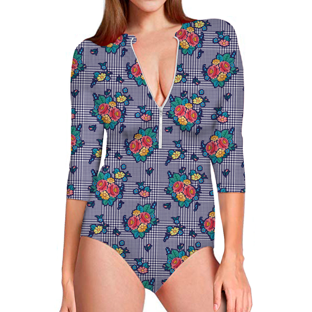 Blue And White Floral Glen Plaid Print Long Sleeve Swimsuit