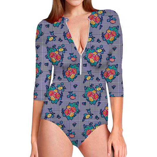 Blue And White Floral Glen Plaid Print Long Sleeve Swimsuit